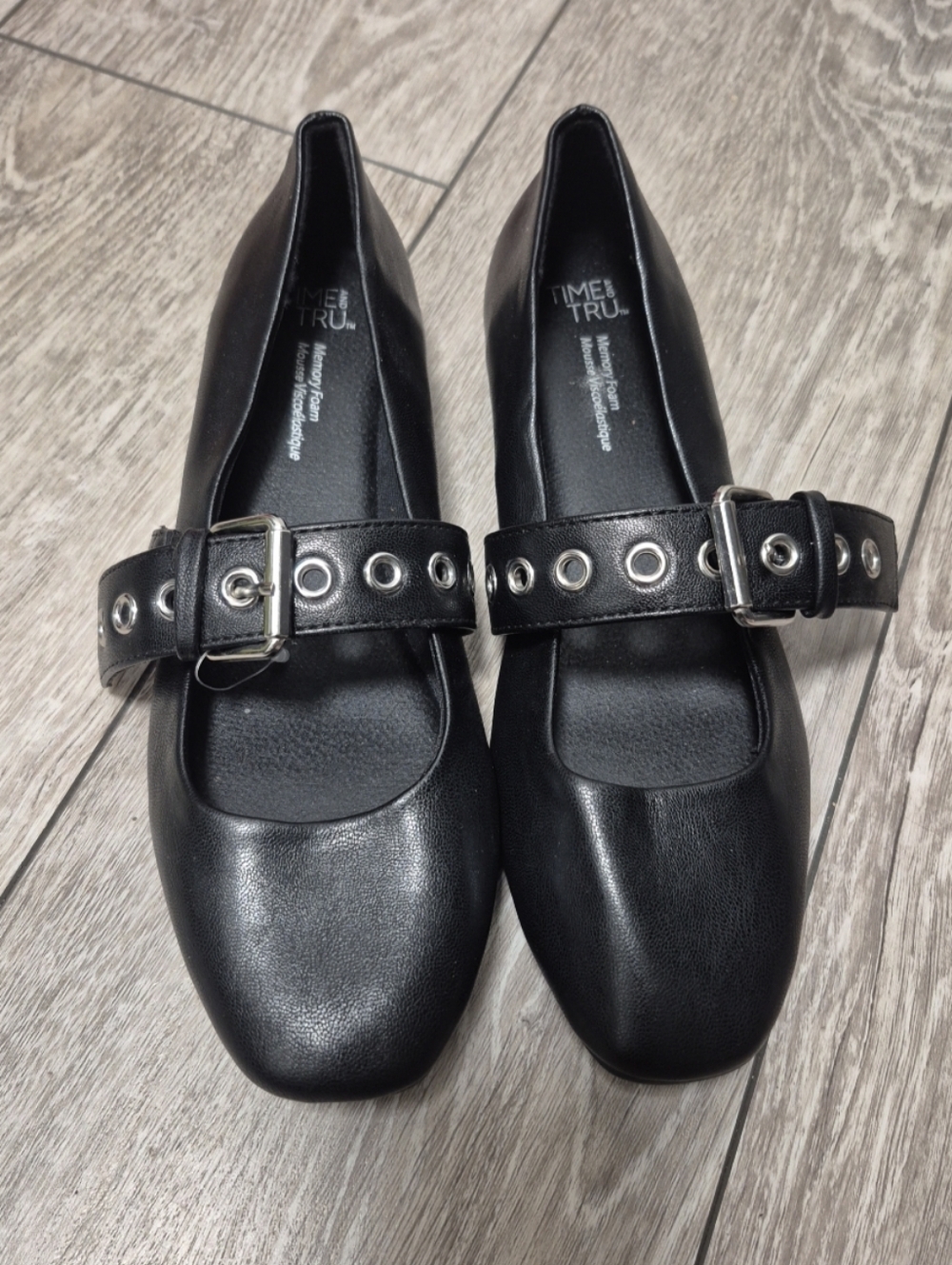 Time & Tru Women's Black Grommet Strap Mary Jane Flats With Memory Foam Insole